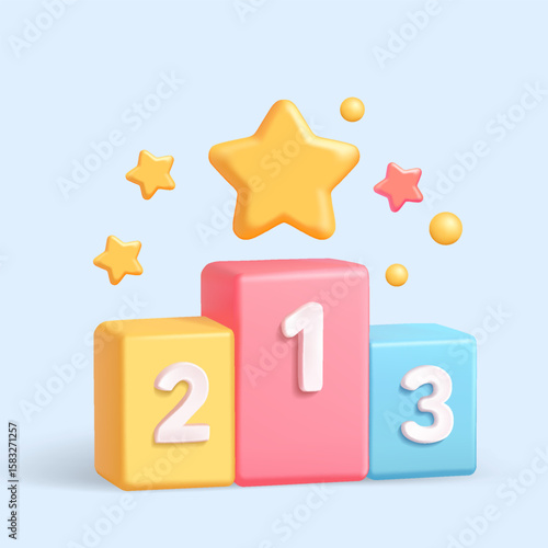 3d illustration of ranking podium with stars. champion, winner, top 3, achievement, goal, and objective concept. symbol. minimalist 3d design