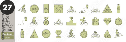 Cycling, biking - thin line icons set with green fill. Bicycle, bike, cyclist, bike route, e-bike, biking app, map, competition, mountain biking, reward, sport, vector illustration