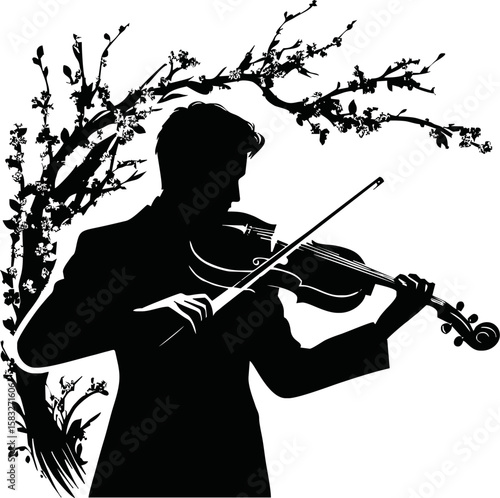 Silhouette of violinist in spring concert isolated vector style on white background