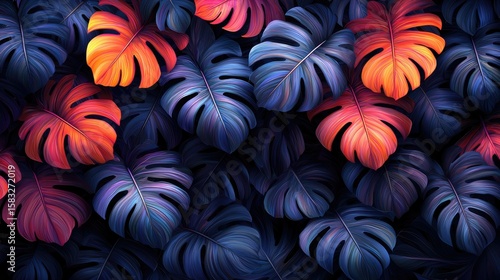 Vibrant tropical leaves in deep colors.