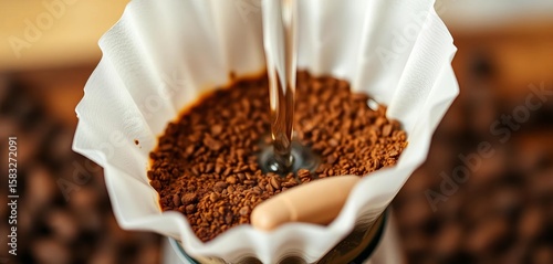 Close-up of ground coffee in a pour-over filter, water about to be poured,   rich,   cafe
