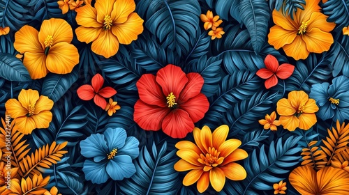 Vibrant floral design with tropical leaves and flowers.