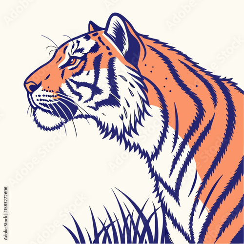 Vector illustration of a majestic wild tiger head with striking black stripes and piercing eyes, a powerful feline predator on a white background