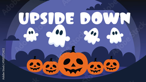 Illustration of halloween scene with pumpkins, ghosts, and the words upside down in a purple background