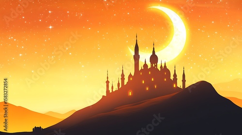 Silhouette castle on a hill at sunset