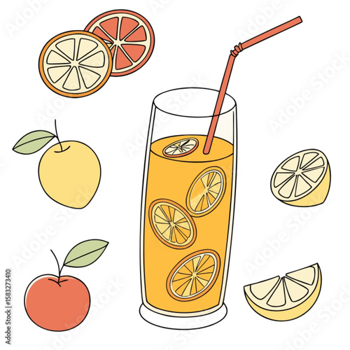 Fresh, juicy orange and lemon slices with a vibrant glass of citrus fruit juice