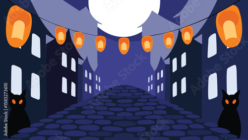 A dark alley with cats and lanterns hanging between buildings under a full moon in the night sky