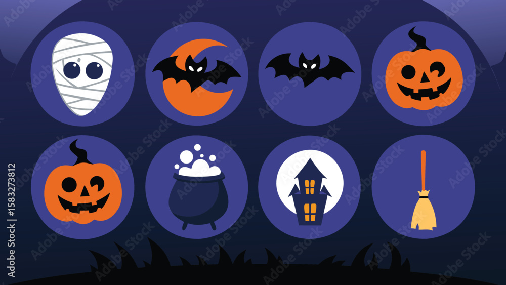 Halloween icons in circles featuring a mummy, bats, pumpkins, cauldron, house and broom on dark background Halloween icons in circles featuring a mummy, bats, pumpkins, cauldron, house and broom on dark background