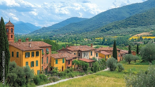 Colorful buildings nestled in a picturesque valley.