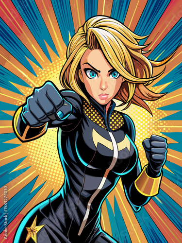 Pop art comic book style super heroine punching with female superhero costume poster design wall decoration illustration	