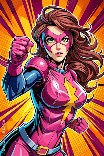 Pop art comic book style super heroine punching with female superhero costume poster design wall decoration illustration	