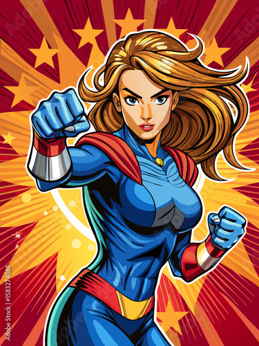 Pop art comic book style super heroine punching with female superhero costume poster design wall decoration illustration	
