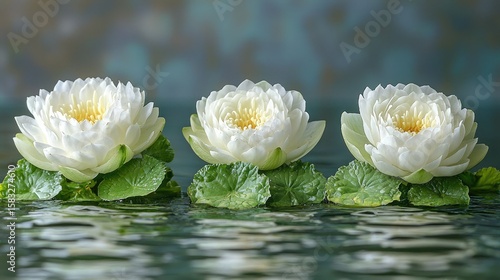 Three white water lilies rest on the water's surface.