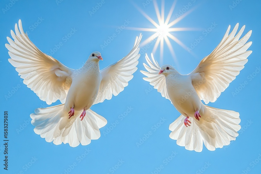 Fototapeta premium Skybound Serenity: Two pristine white doves soar gracefully against a clear blue sky, bathed in sunlight, a visual poem of peace, freedom, and hope.