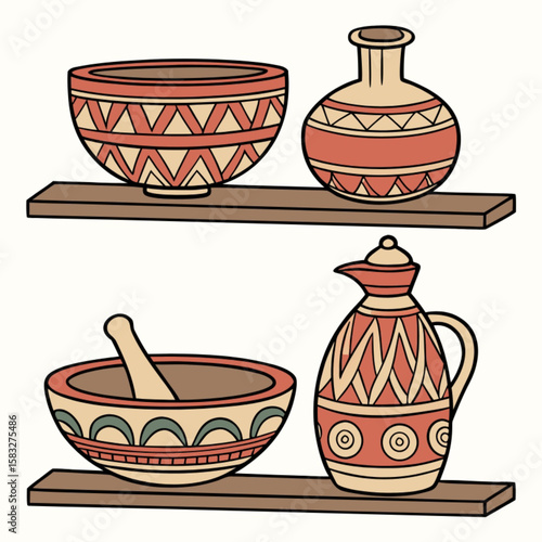 Traditional earthenware pottery set including cups, vase, and jug, featuring brown ceramic and ancient designs