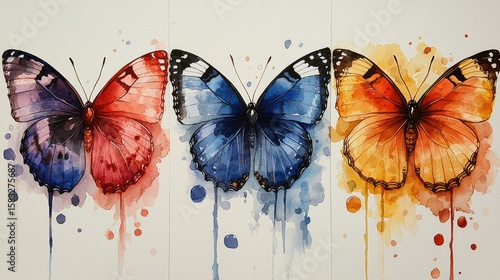 Three watercolor butterflies in varying shades of color.