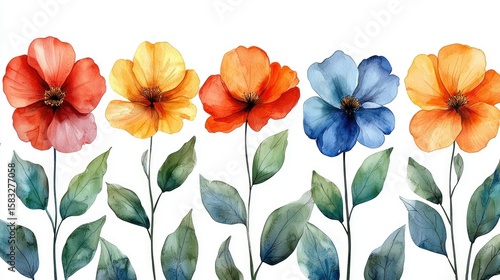 Watercolor floral design with colorful flowers and leaves.