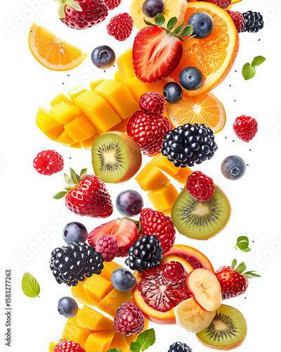 Colorful fruit mix falling on black background