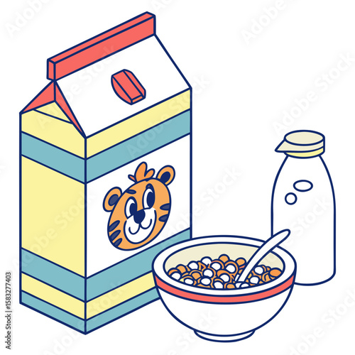 A carton of cereal with a tiger mascot next to a bowl and milk vector