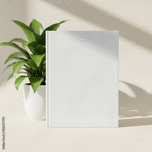 A blank white book cover next to a potted plant, with a strong shadow. A minimalist mockup for design presentation.