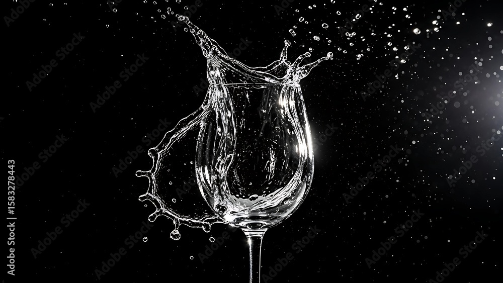 A stream of water splashes into a clear wine glass, captured mid-motion against a black background, creating an elegant and dramatic visual effect. A stream of water splashes into a clear wine glass, captured mid-motion against a black background, creating an elegant and dramatic visual effect.
