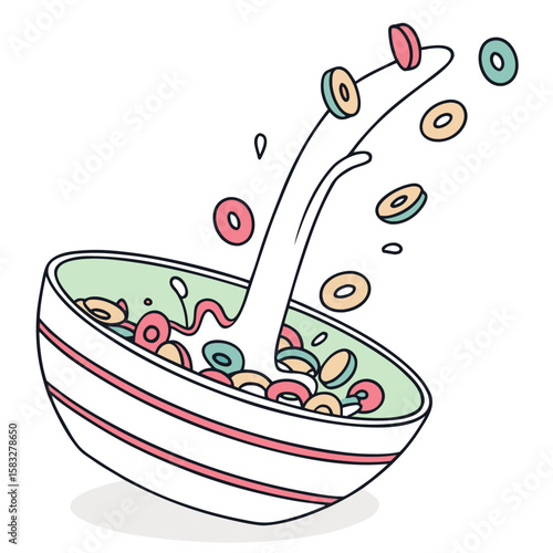 A dynamic illustration of colorful cereal pieces splashing into a bowl of milk, creating a breakfast motion vector