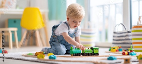 The joyful child playing with colorful toy train on the floor.