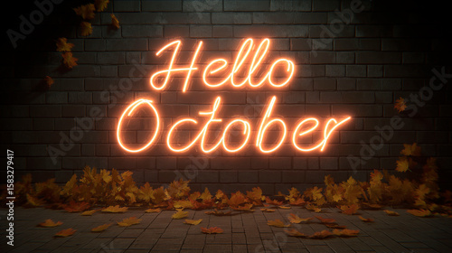 Glowing neon sign hello october on dark brick wall with scattered autumn leaves, creating a festive and modern fall vibe