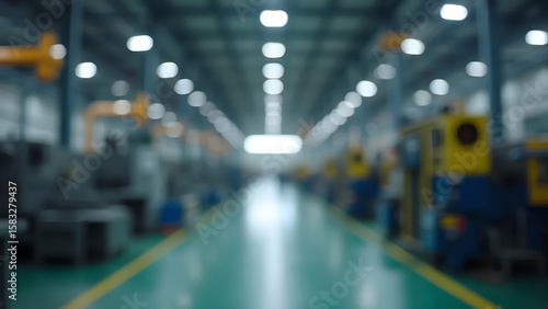 Blurred industrial factory interior with long corridor, ceiling lights and heavy machinery. Blurred background for industrial theme design.