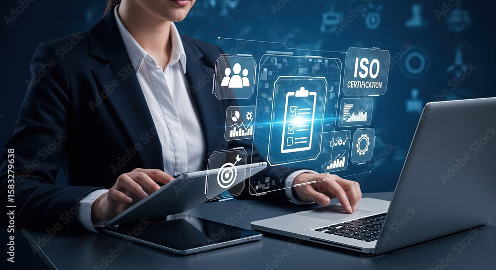 Fototapeta premium ISO Certification Process: Business Woman with Laptop and Tablet Demonstrating Quality Standards and Compliance in a Modern Office Setting for Microstock