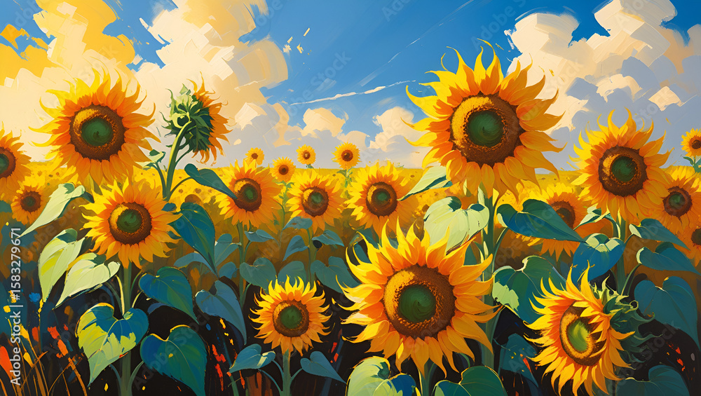 Fototapeta premium Vibrant Oil Painting of a Sunflower Field under a Bright Blue Sky – Textured Brushstrokes and Artistic Summer Landscape