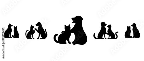 Dog And Cat Silhouette Black Filled On The White Background - Vector Illustration Outline Design Icon.