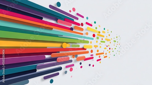 Vibrant colorful elongated 3D bars and dots exploding on white background, symbolizing energy, creativity, diversity and dynamic movement