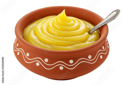 Delicious ghee in a bowl with spoon isolated on transparent background