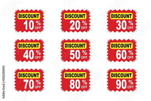 Red square stickers present a discount ranging from ten to ninety percent off offer