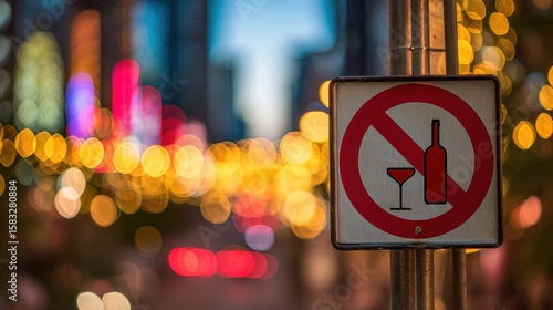 The sign prohibiting alcohol in a vibrant city nightlife scene.