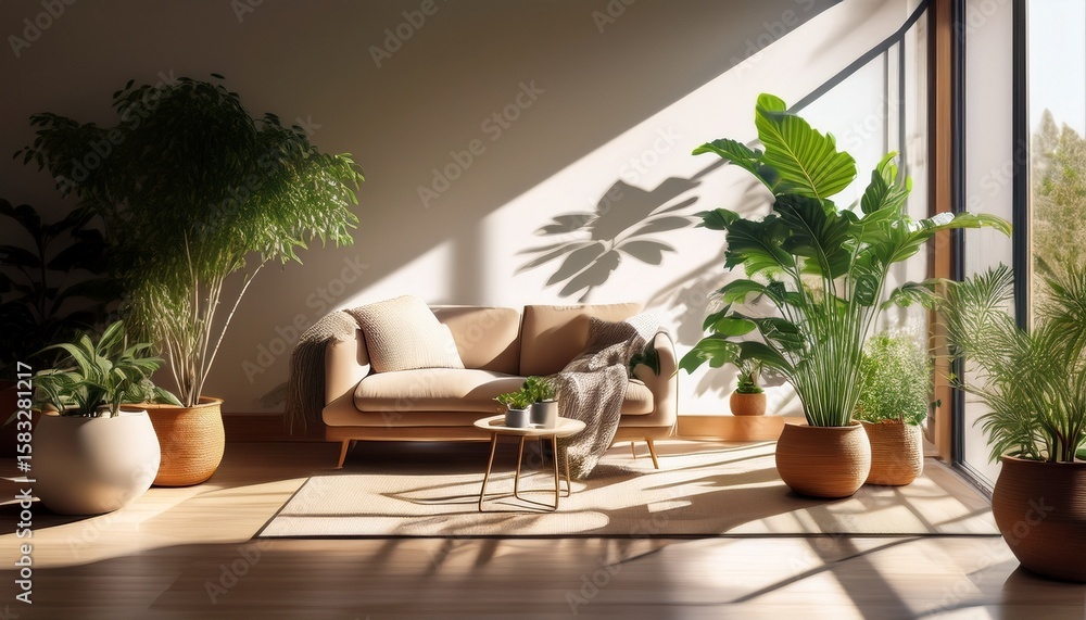 Fototapeta premium interior of modern living room with plants and a window with shadow