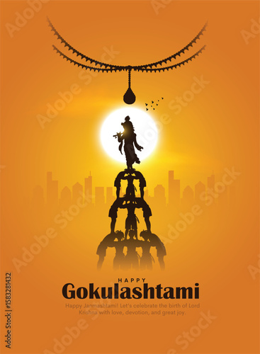 Dahi handi Indian festival of lord Krishna Janmashtami, Govinda pyramid theme celebration design.