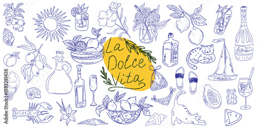 Set of hand drawn summer food icons. Mediterranean la dolce vita. Sketchy whimsical style
