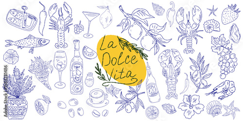 Set of hand drawn summer food icons. Mediterranean la dolce vita. Sketchy whimsical style