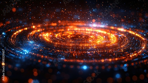 Abstract swirling patterns of glowing particles in orange and blue.