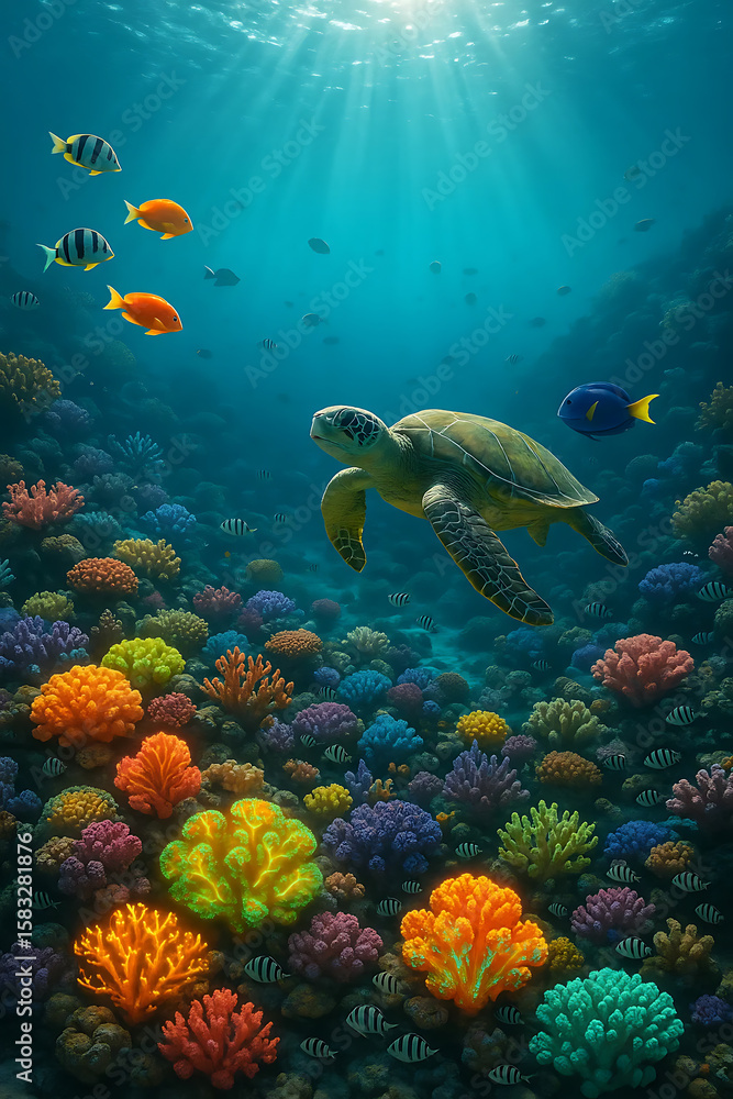 Fototapeta premium Coral reef with turtle and fish underwater
