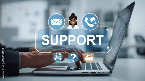 Wallpaper Mural Hands Typing on Laptop with Blue Support Graphic Overlay in Office with Blurred Background Torontodigital.ca