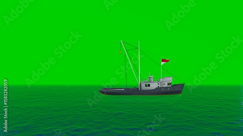 Small fishing boat floating on green background ocean.
