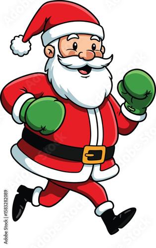 Cheerful Cartoon Santa Claus Character in Classic Red Suit and Green Boxing Gloves, Energetically Jogging or Running, Representing Holiday Fitness, and Festive Preparation.