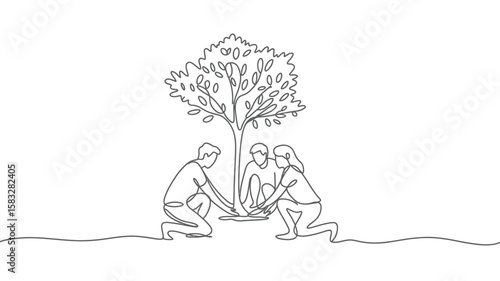 Continuous Line Drawing of People Planting a Tree Together