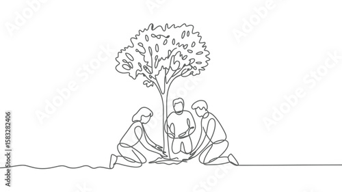 Three People Planting a Tree Line Art Illustration