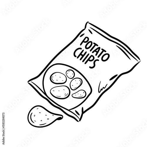 Hand Drawn Potato Chips Bag Snack Food Illustration Black and White