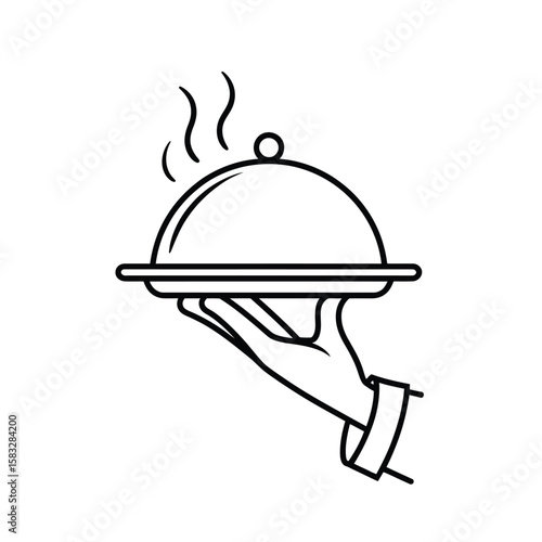 Elegant hand holding a covered platter with steam line art