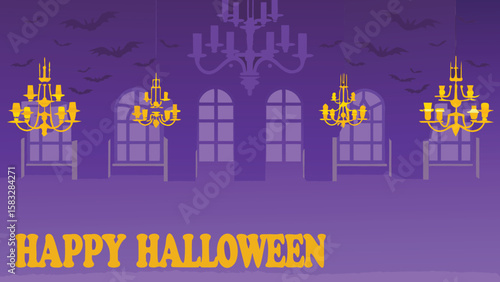 Happy halloween scene with chandeliers, bats and windows in a purple haunted house setting